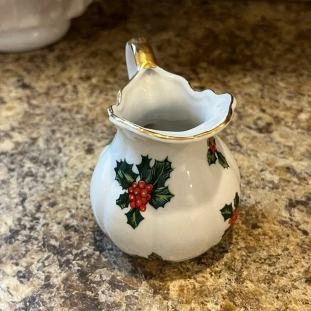 Vintage Lefton China Creamer Mini Pitcher with Hand Painted Holly Berry Design